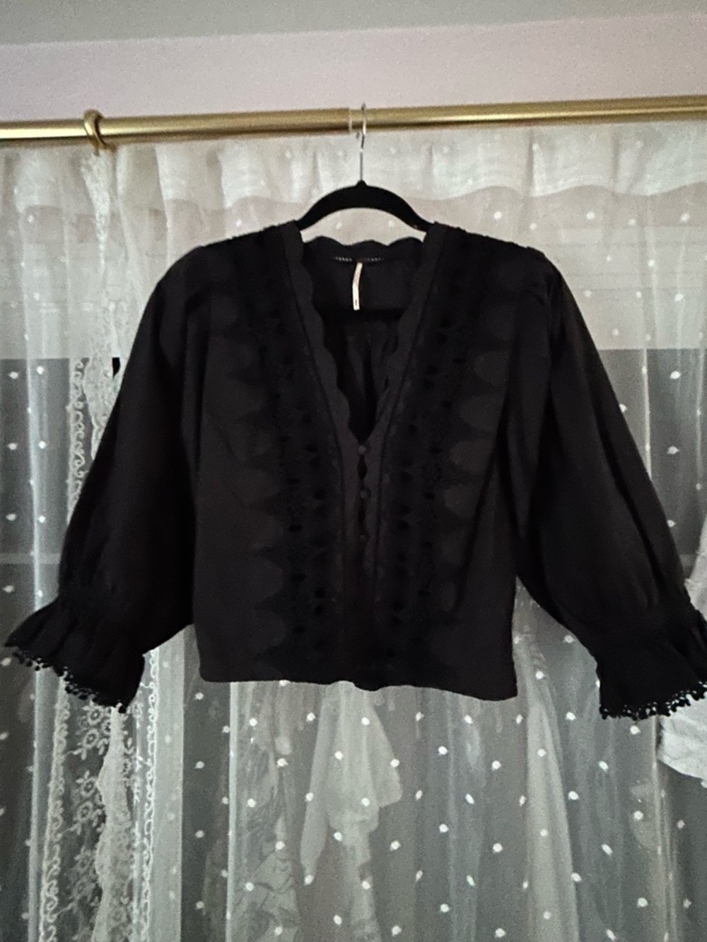 Free People Black Embroidered V-Neck Blouse